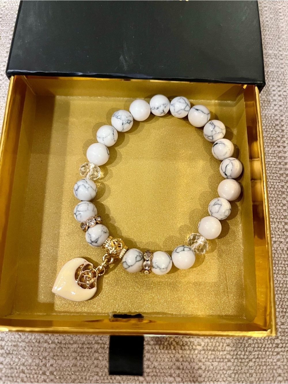Pandora’s Box White Howlite Beaded Bracelet with Gold Heart Charm